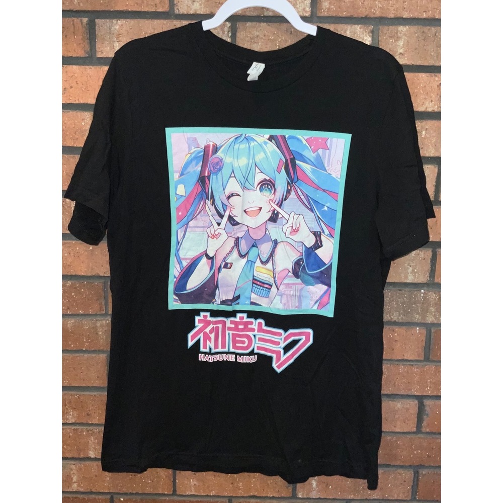 Hatsune Miku Vocaloid Black Graphic T-Shirt Anime Manga Short Sleeve Tee Mens L